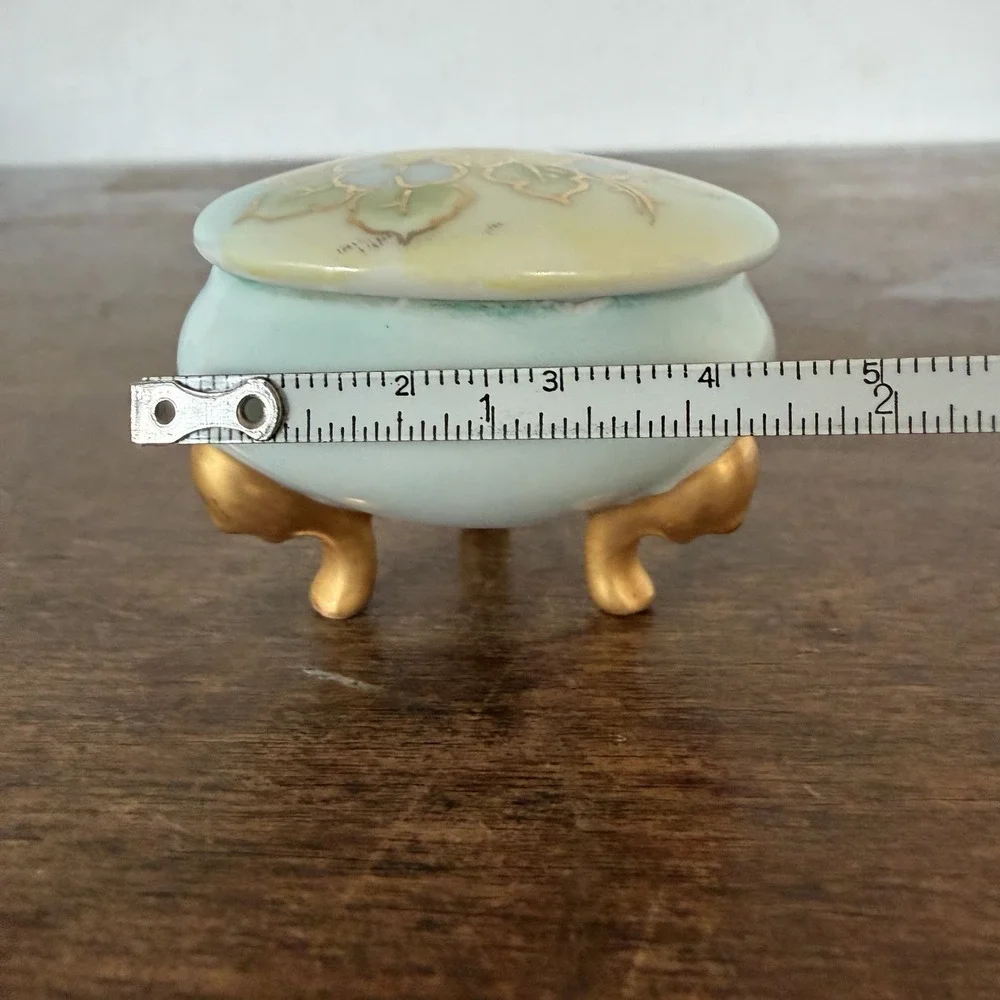 VTG English Blue Porcelain‎ Vanity Jewelry Trinket Dish Hand Painted Gold Floral